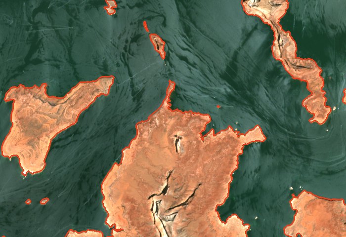 Sentinel-2 true-colour image of Padre Bay on 2019-07-17, with the simulated
                  shoreline at 3,621 feet drawn over it in red.