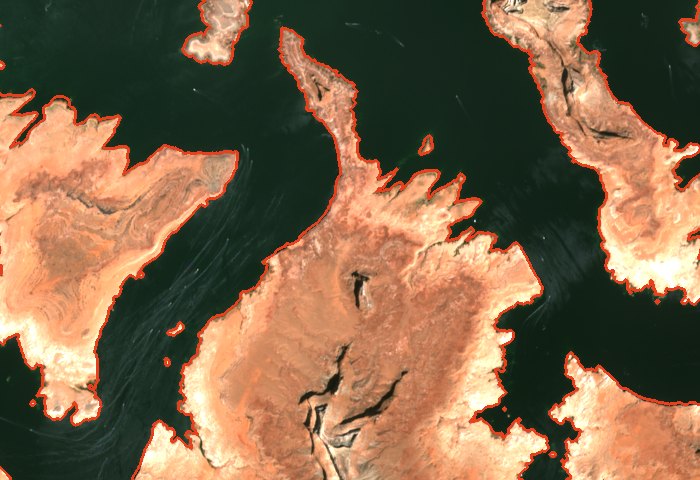 Sentinel-2 true-colour image of Padre Bay on 2022-08-10, with the simulated
                  shoreline at 3,536 feet drawn over it in red.