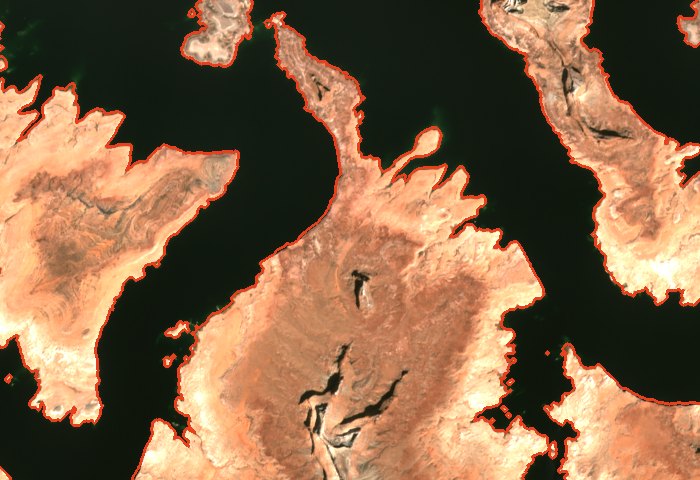 Sentinel-2 true-colour image of Padre Bay on 2023-04-17, with the simulated
                  shoreline at 3,522 feet drawn over it in red.