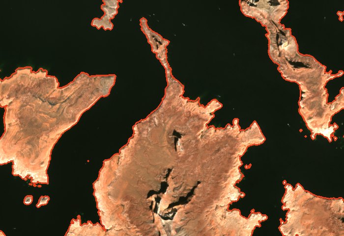 Sentinel-2 true-colour image of Padre Bay on 2023-09-24, with the simulated
                  shoreline at 3,575 feet drawn over it in red.