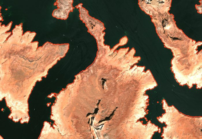 Sentinel-2 true-colour image of Padre Bay on 2026-09-03, with the simulated
                  shoreline at 3,520 feet drawn over it in red.