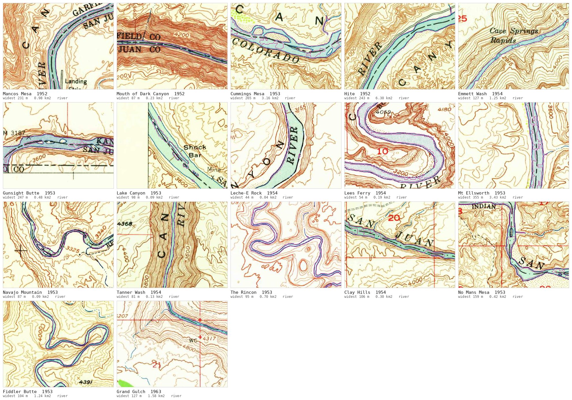 Seventeen crops of USGS quadrangles from 1952 to 1963, each showing the
                  Colorado or San Juan drawn between surveyed banks with the extracted
                  boundary traced over it in magenta, captioned with the widest point and
                  area found on that sheet.